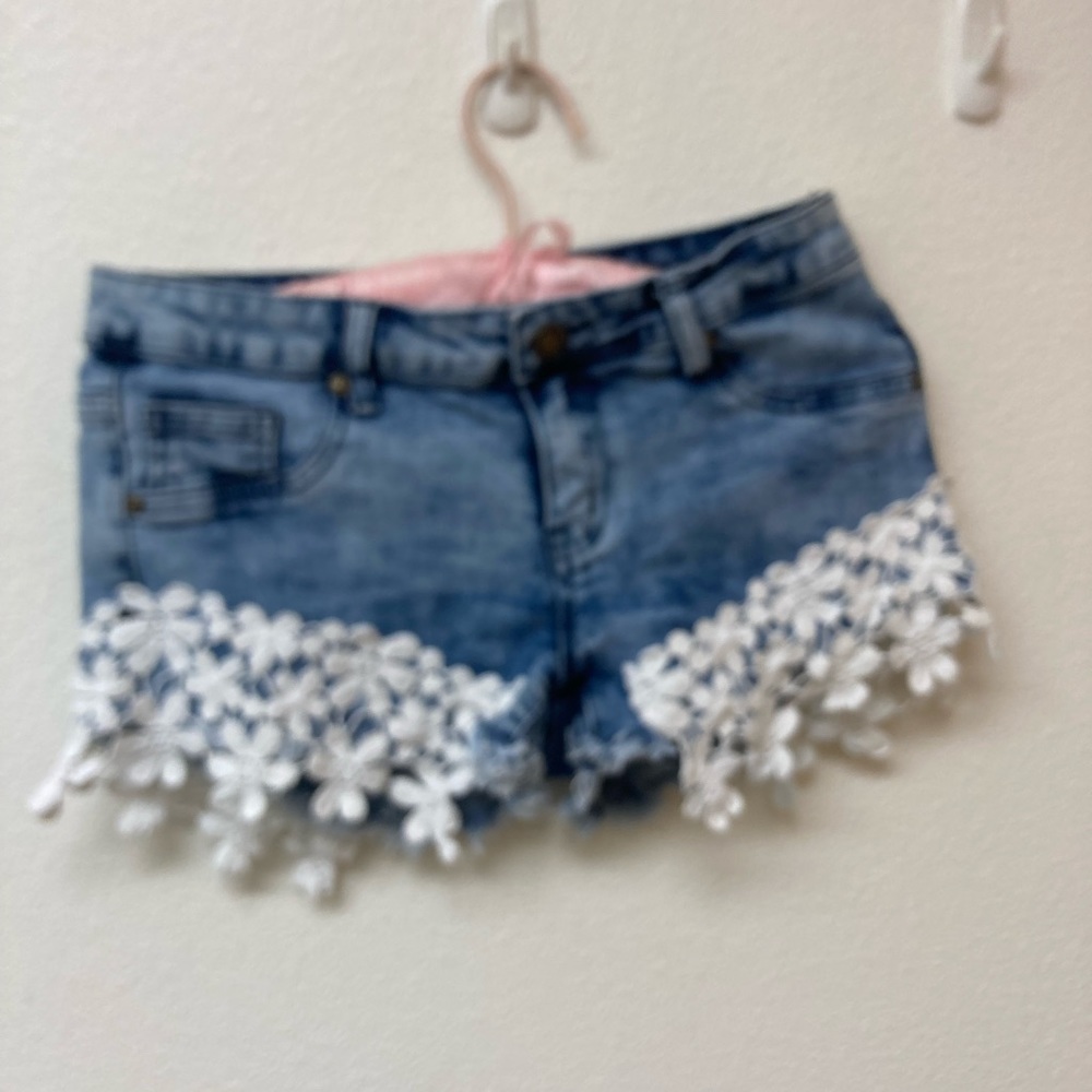 Angel Kiss Blue Jean Shorts with White Lace Trim